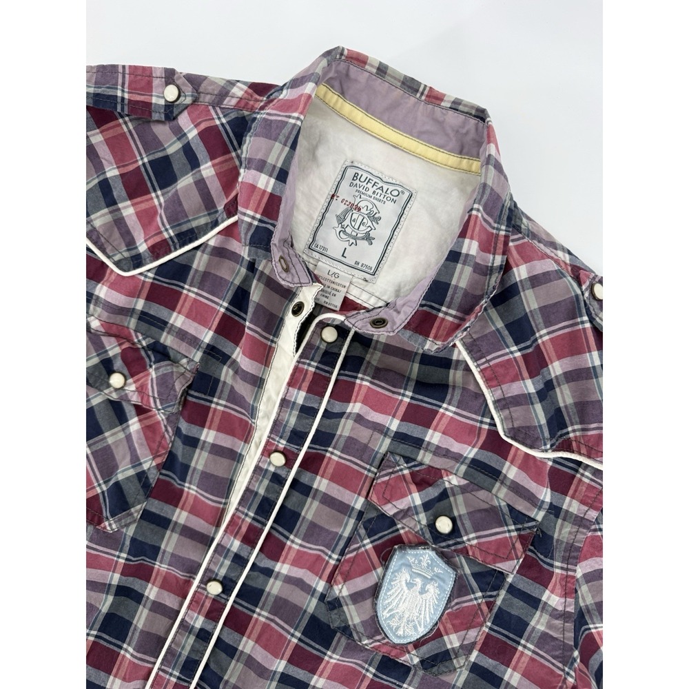 DAVID BITTON BUFFALO Men's Large Short Sleeve Red Plaid Snap Western Eagle Patch